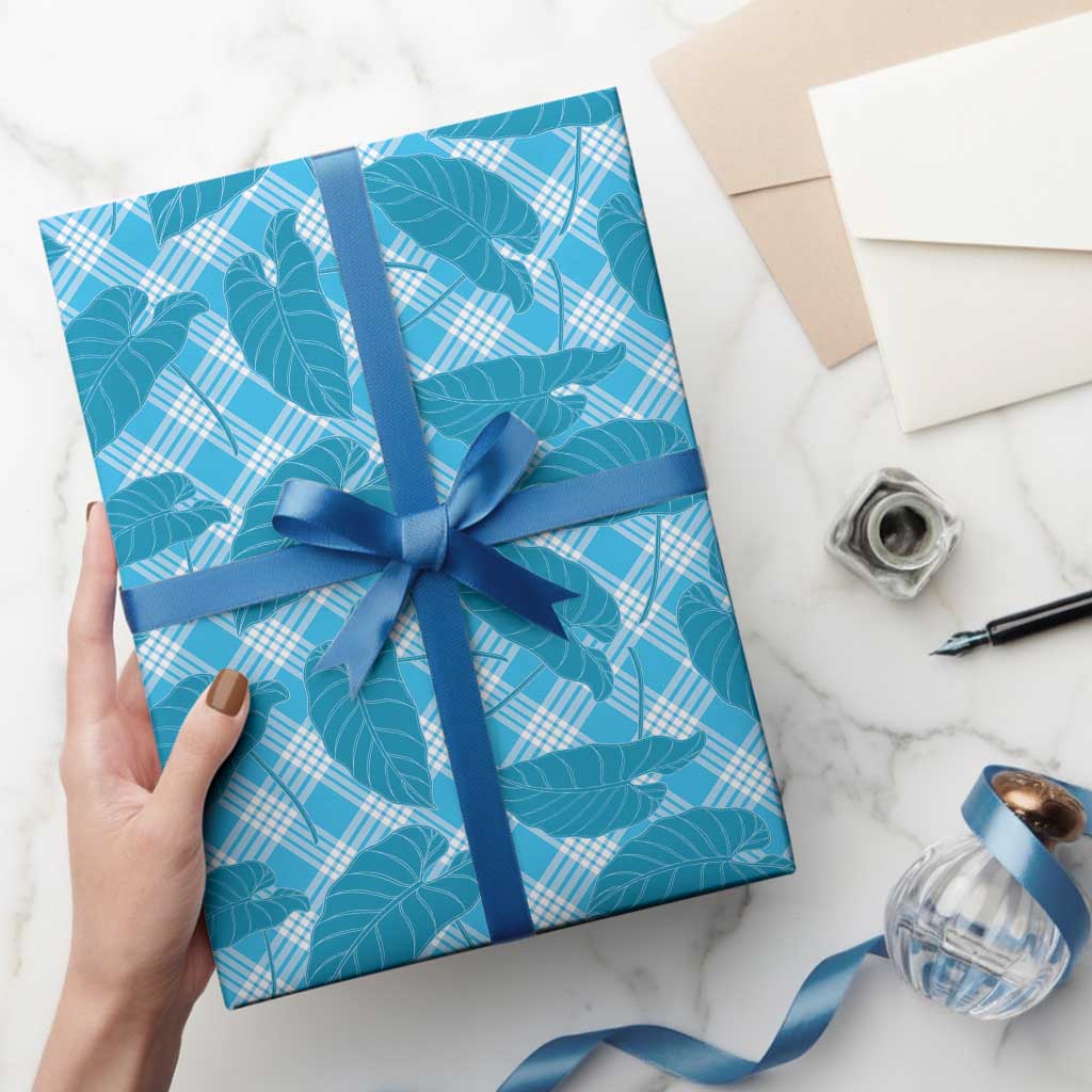 Blue Hawaii Kalo Palaka Motifs Wrapping Paper Hawaiian Taro Leaves Elegant Vibes - Polynesian Pride