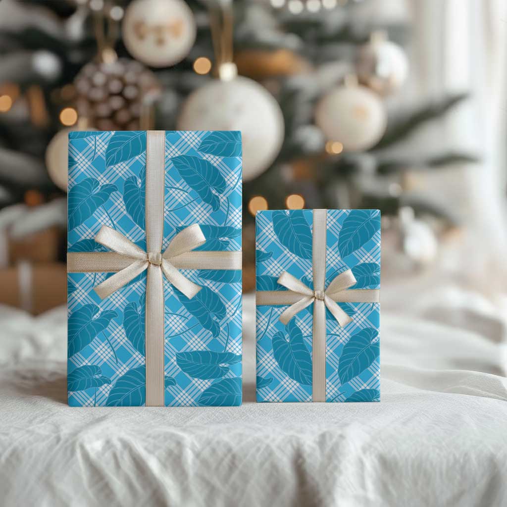 Blue Hawaii Kalo Palaka Motifs Wrapping Paper Hawaiian Taro Leaves Elegant Vibes - Polynesian Pride