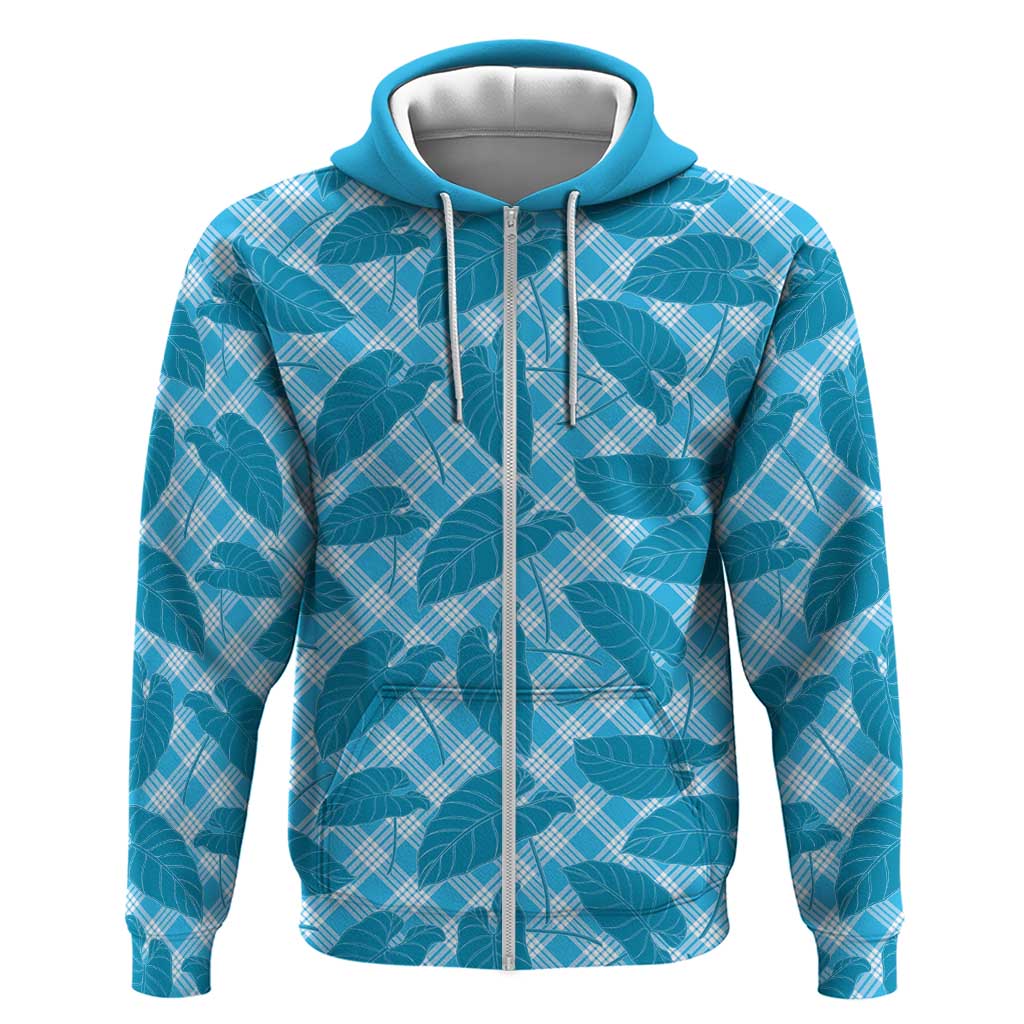 Blue Hawaii Kalo Palaka Motifs Zip Hoodie Hawaiian Taro Leaves Elegant Vibes - Polynesian Pride