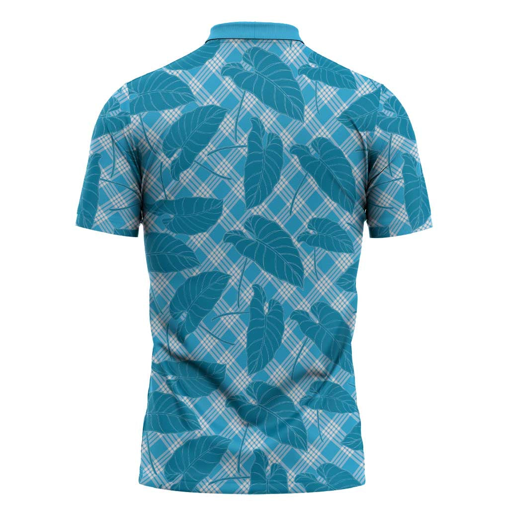 Blue Hawaii Kalo Palaka Motifs Zipper Polo Shirt Hawaiian Taro Leaves Elegant Vibes - Polynesian Pride
