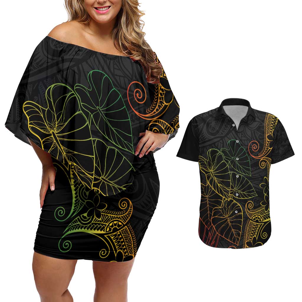 Aloha Hawaii Kalo Couples Matching Off Shoulder Short Dress and Hawaiian Shirt Reggae Taro Polynesian Pattern - Polynesian Pride