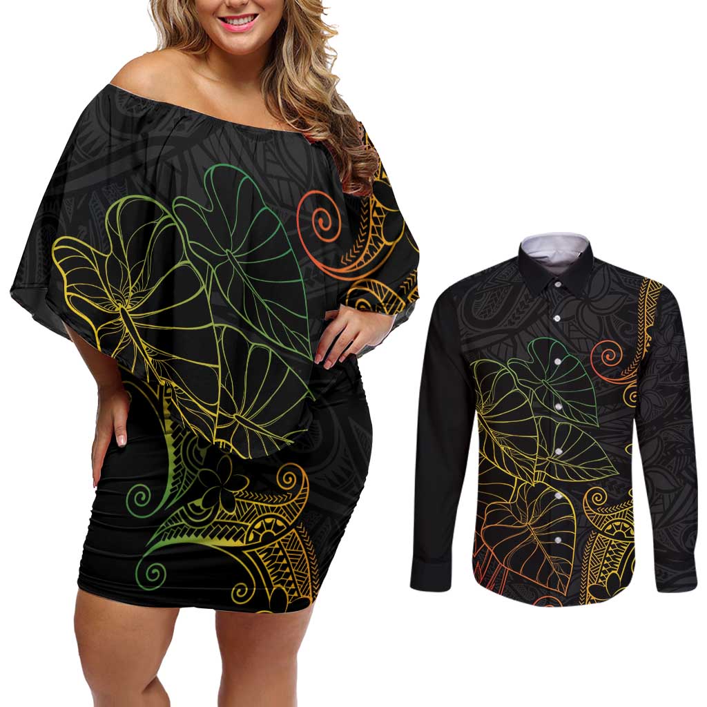 Aloha Hawaii Kalo Couples Matching Off Shoulder Short Dress and Long Sleeve Button Shirt Reggae Taro Polynesian Pattern - Polynesian Pride