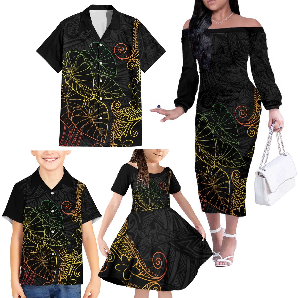 Aloha Hawaii Kalo Family Matching Off The Shoulder Long Sleeve Dress and Hawaiian Shirt Reggae Taro Polynesian Pattern - Polynesian Pride