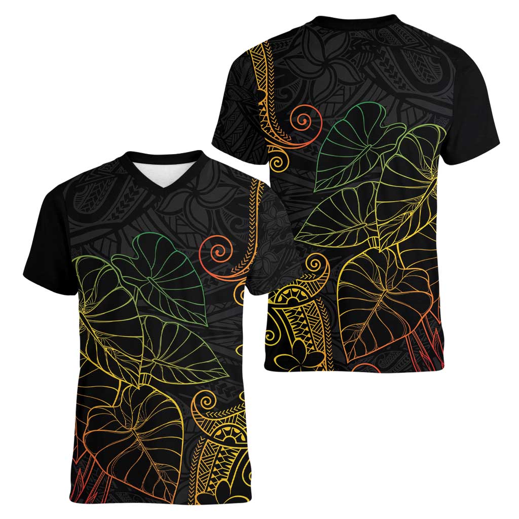 Aloha Hawaii Kalo Women V-Neck T-Shirt Reggae Taro Polynesian Pattern - Polynesian Pride