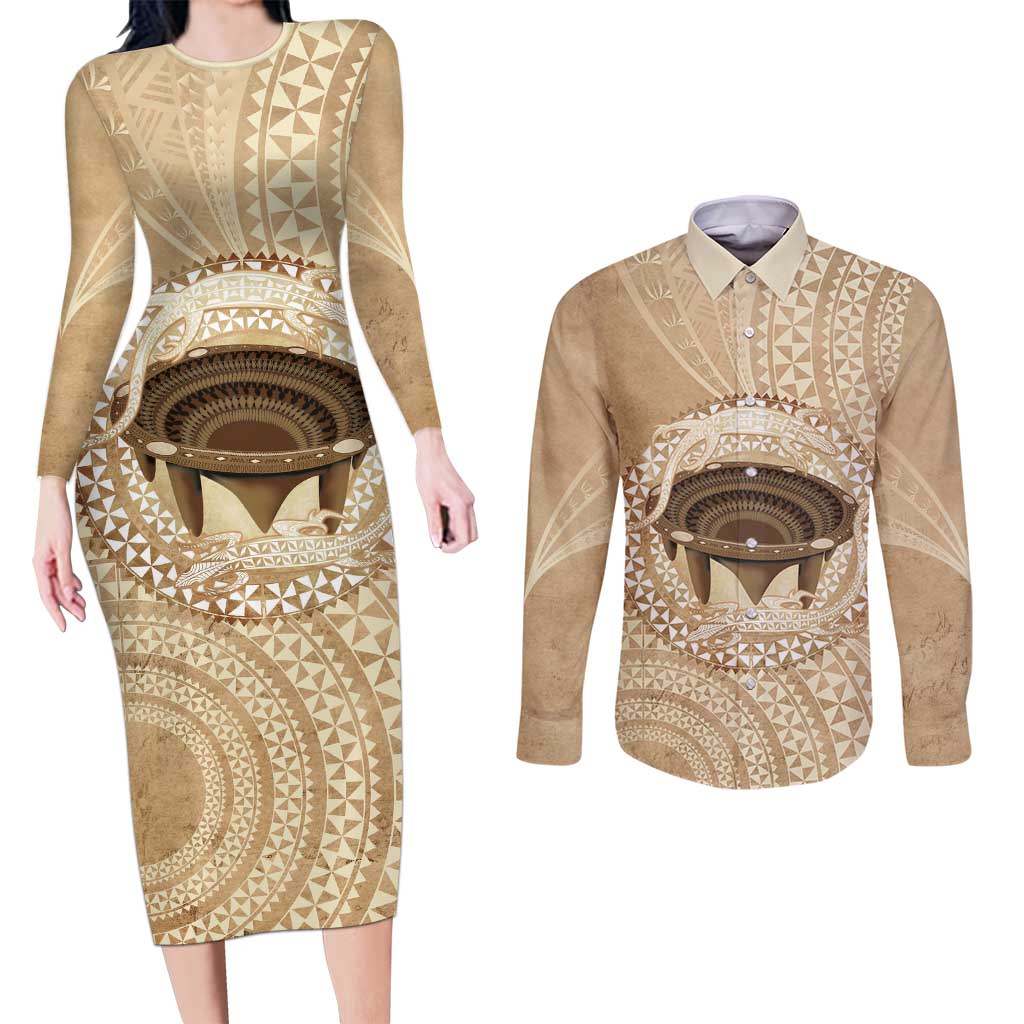 Tonga Skink Kava Bowl Couples Matching Long Sleeve Bodycon Dress and Long Sleeve Button Shirt Vintage Tongan Ngatu Pattern LT14 Brown - Polynesian Pride