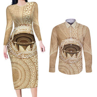Tonga Skink Kava Bowl Couples Matching Long Sleeve Bodycon Dress and Long Sleeve Button Shirt Vintage Tongan Ngatu Pattern LT14 Brown - Polynesian Pride