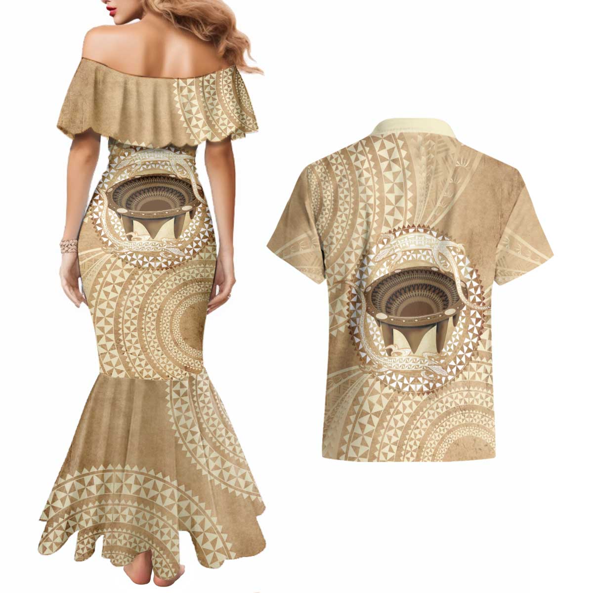 Tonga Skink Kava Bowl Couples Matching Mermaid Dress and Hawaiian Shirt Vintage Tongan Ngatu Pattern LT14 - Polynesian Pride