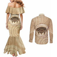 Tonga Skink Kava Bowl Couples Matching Mermaid Dress and Long Sleeve Button Shirt Vintage Tongan Ngatu Pattern LT14 - Polynesian Pride