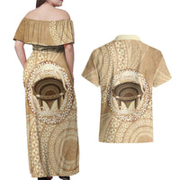 Tonga Skink Kava Bowl Couples Matching Off Shoulder Maxi Dress and Hawaiian Shirt Vintage Tongan Ngatu Pattern