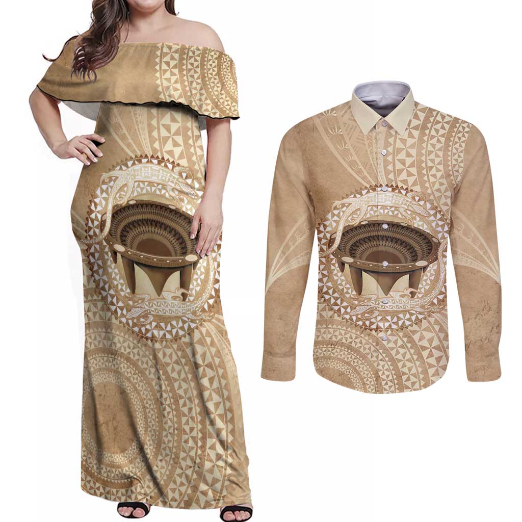 Tonga Skink Kava Bowl Couples Matching Off Shoulder Maxi Dress and Long Sleeve Button Shirt Vintage Tongan Ngatu Pattern LT14 Brown - Polynesian Pride