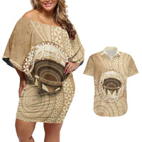 Tonga Skink Kava Bowl Couples Matching Off Shoulder Short Dress and Hawaiian Shirt Vintage Tongan Ngatu Pattern LT14 Brown - Polynesian Pride