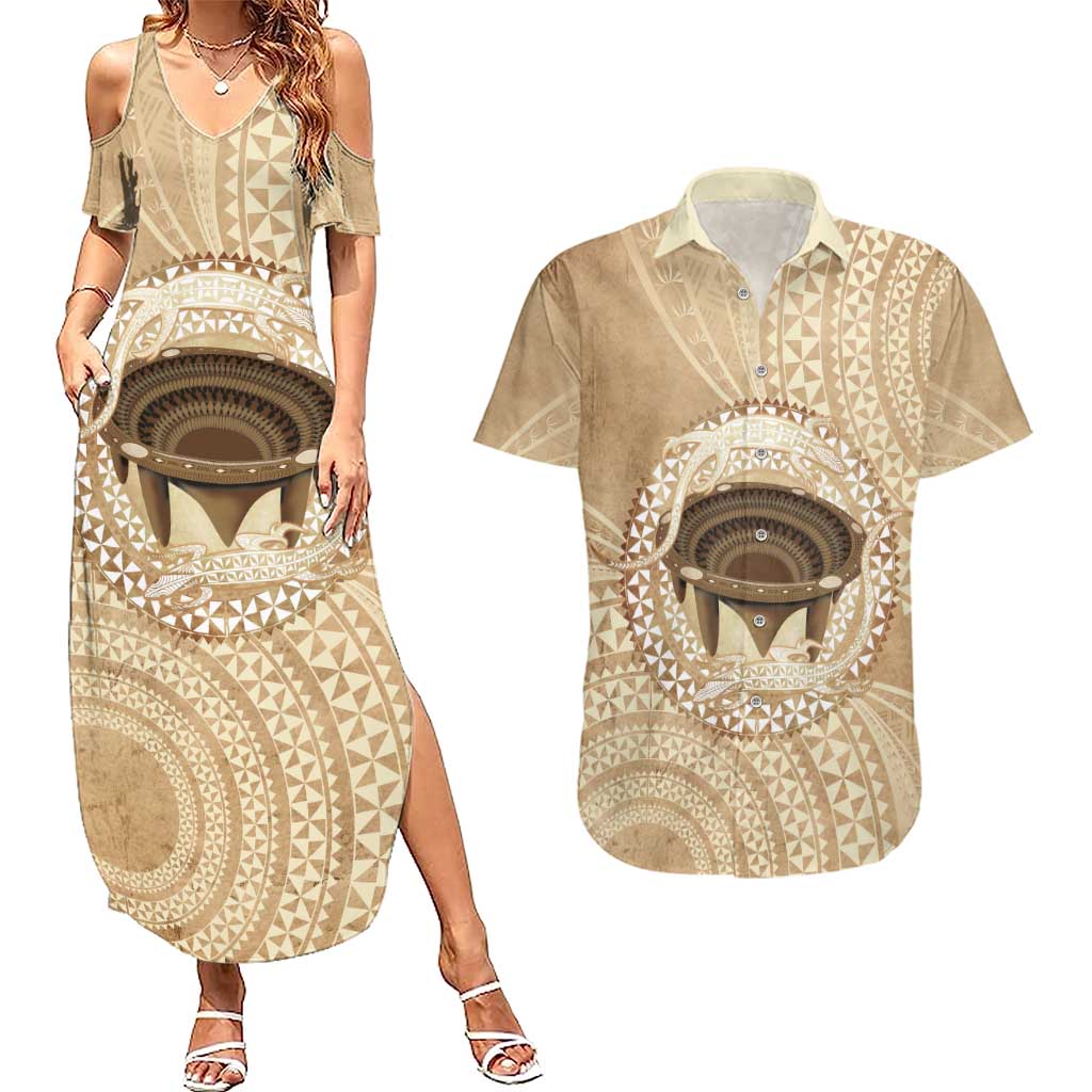 Tonga Skink Kava Bowl Couples Matching Summer Maxi Dress and Hawaiian Shirt Vintage Tongan Ngatu Pattern LT14 Brown - Polynesian Pride