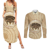 Tonga Skink Kava Bowl Couples Matching Summer Maxi Dress and Long Sleeve Button Shirt Vintage Tongan Ngatu Pattern LT14 Brown - Polynesian Pride