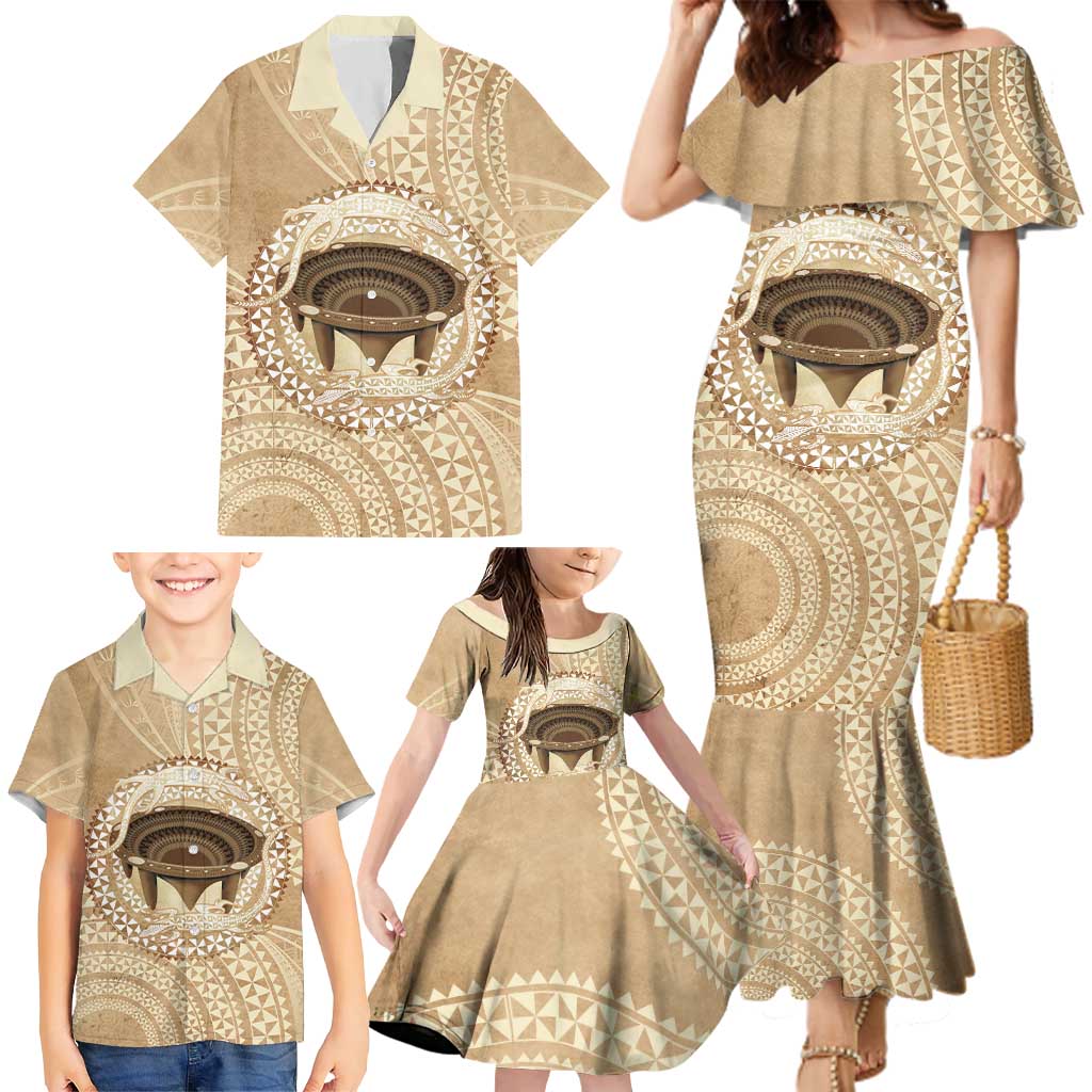 Tonga Skink Kava Bowl Family Matching Mermaid Dress and Hawaiian Shirt Vintage Tongan Ngatu Pattern LT14 - Polynesian Pride