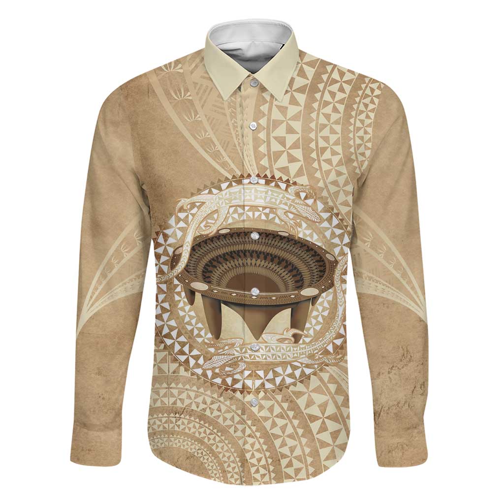 Tonga Skink Kava Bowl Family Matching Mermaid Dress and Hawaiian Shirt Vintage Tongan Ngatu Pattern LT14 Dad's Shirt - Long Sleeve Brown - Polynesian Pride