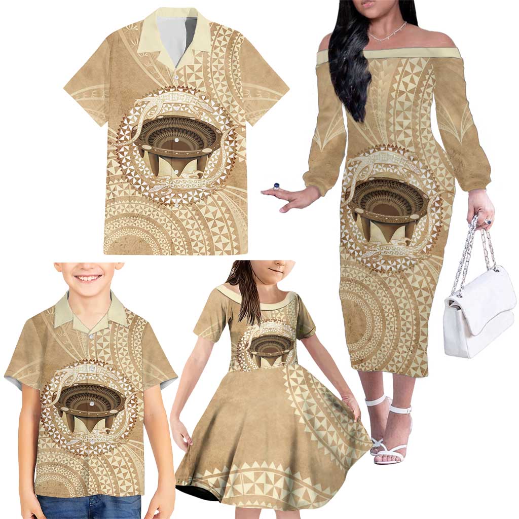 Tonga Skink Kava Bowl Family Matching Off The Shoulder Long Sleeve Dress and Hawaiian Shirt Vintage Tongan Ngatu Pattern LT14 - Polynesian Pride