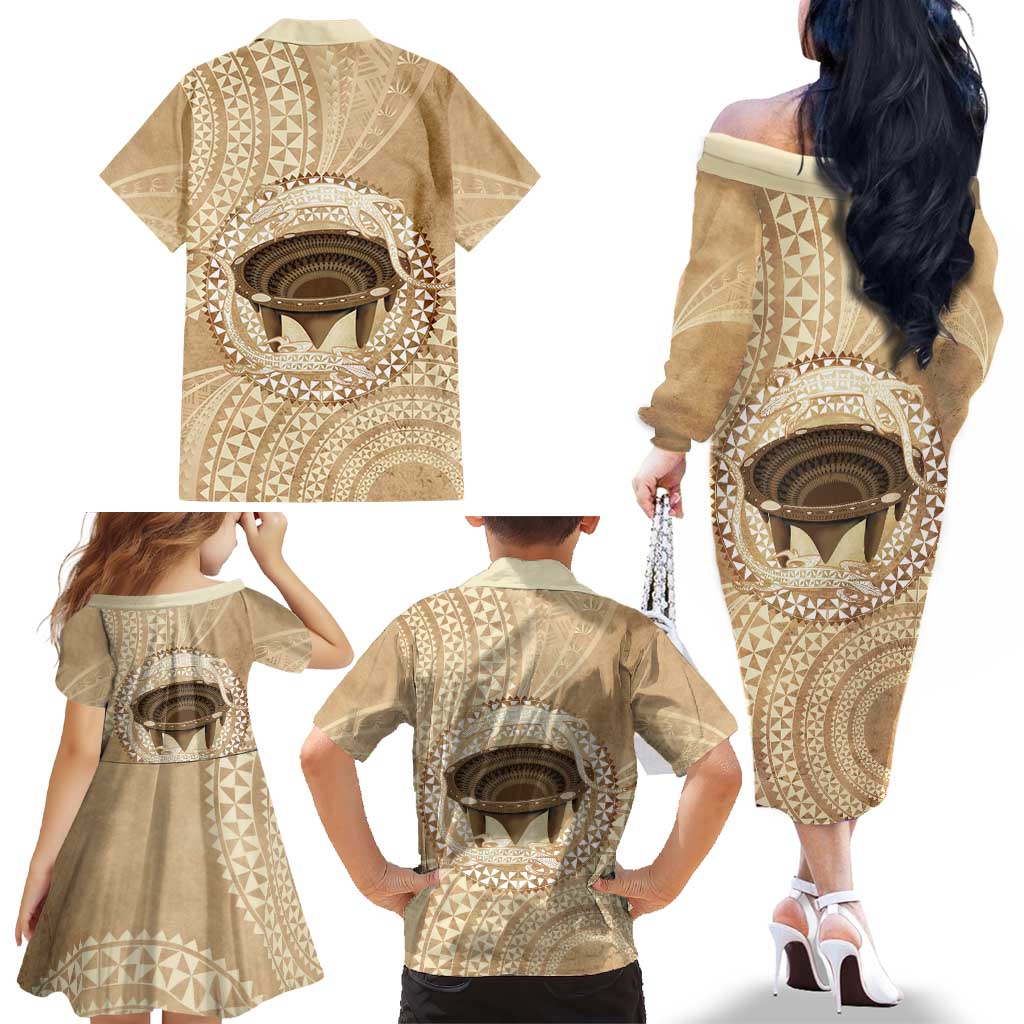 Tonga Skink Kava Bowl Family Matching Off The Shoulder Long Sleeve Dress and Hawaiian Shirt Vintage Tongan Ngatu Pattern LT14 - Polynesian Pride