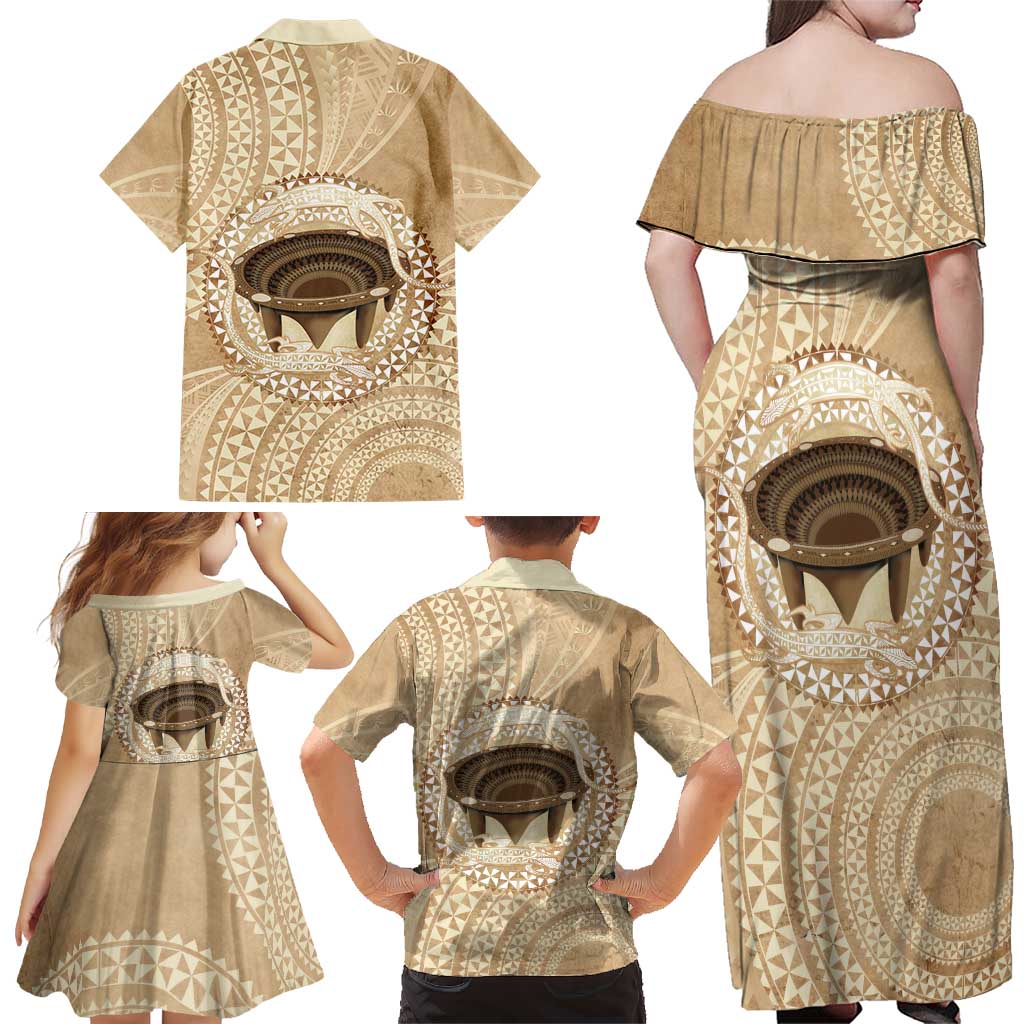 Tonga Skink Kava Bowl Family Matching Off Shoulder Maxi Dress and Hawaiian Shirt Vintage Tongan Ngatu Pattern