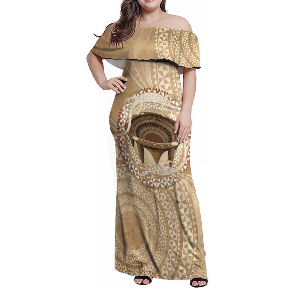 Tonga Skink Kava Bowl Family Matching Off Shoulder Maxi Dress and Hawaiian Shirt Vintage Tongan Ngatu Pattern