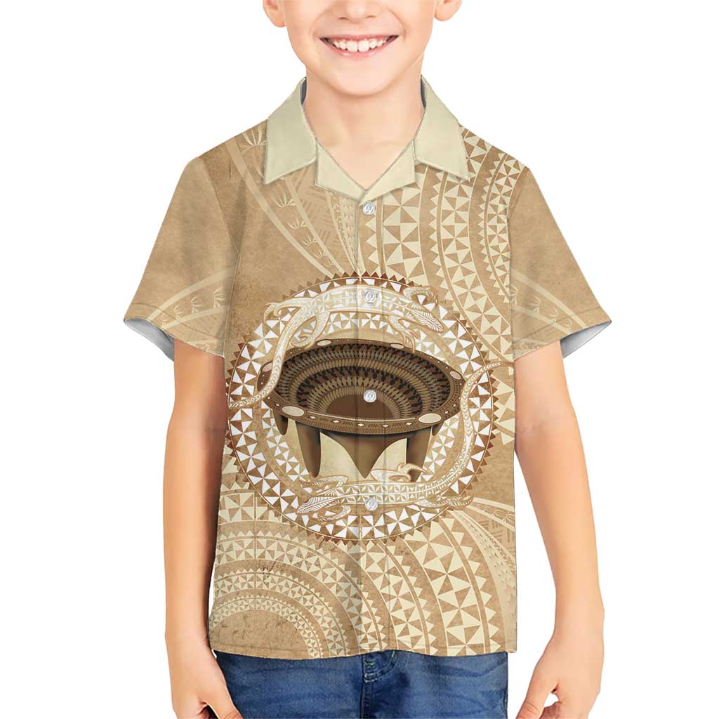 Tonga Skink Kava Bowl Family Matching Puletasi and Hawaiian Shirt Vintage Tongan Ngatu Pattern LT14 Son's Shirt Brown - Polynesian Pride