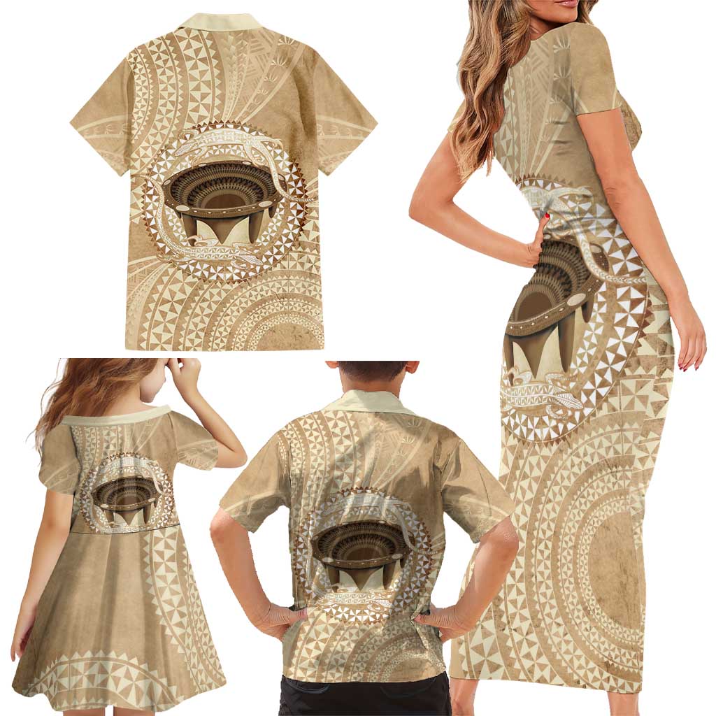 Tonga Skink Kava Bowl Family Matching Short Sleeve Bodycon Dress and Hawaiian Shirt Vintage Tongan Ngatu Pattern LT14 - Polynesian Pride