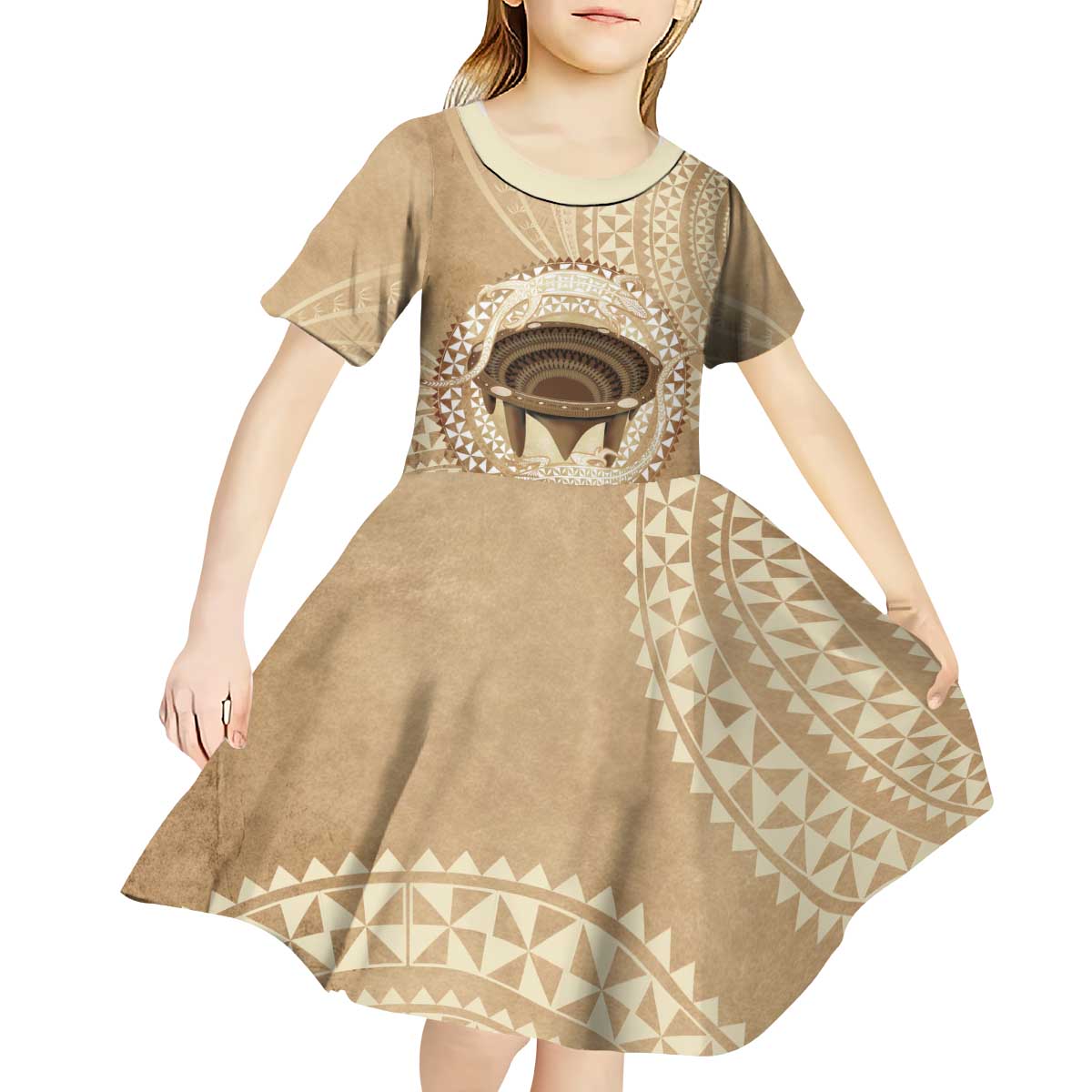 Tonga Skink Kava Bowl Kid Short Sleeve Dress Vintage Tongan Ngatu Pattern