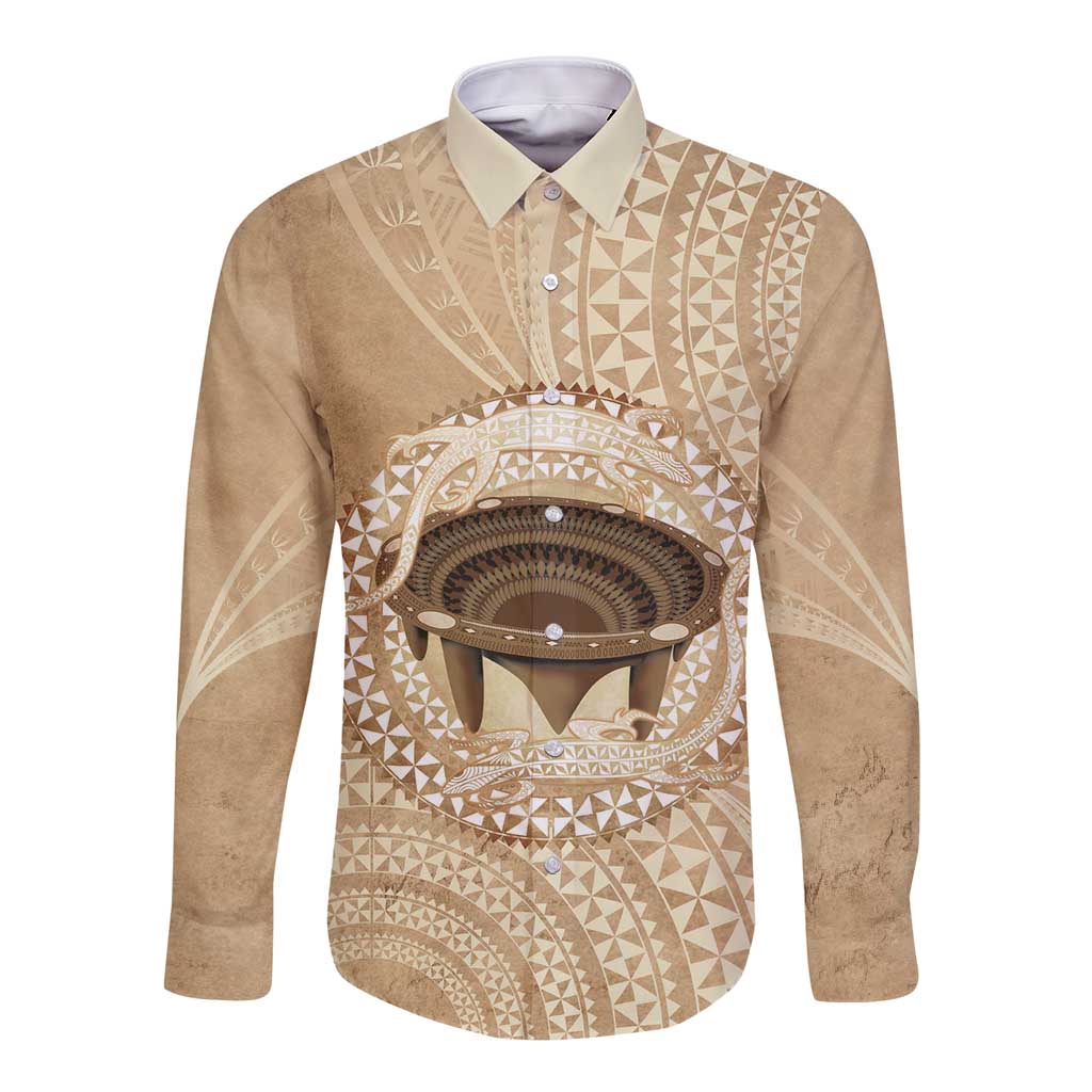 Tonga Skink Kava Bowl Long Sleeve Button Shirt Vintage Tongan Ngatu Pattern