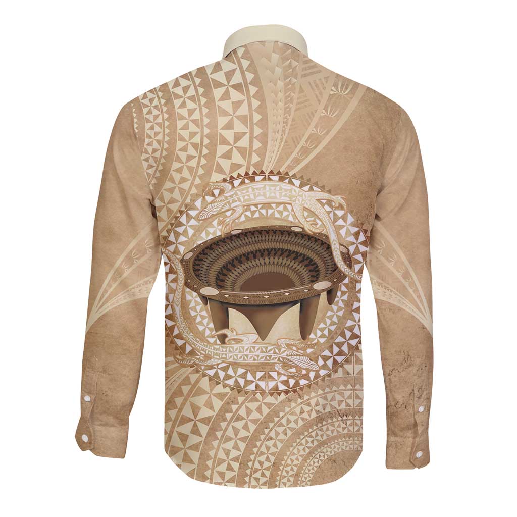 Tonga Skink Kava Bowl Long Sleeve Button Shirt Vintage Tongan Ngatu Pattern