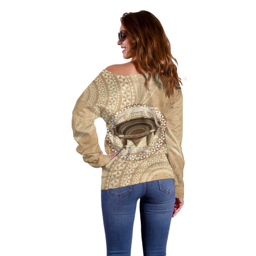 Tonga Skink Kava Bowl Off Shoulder Sweater Vintage Tongan Ngatu Pattern LT14 - Polynesian Pride