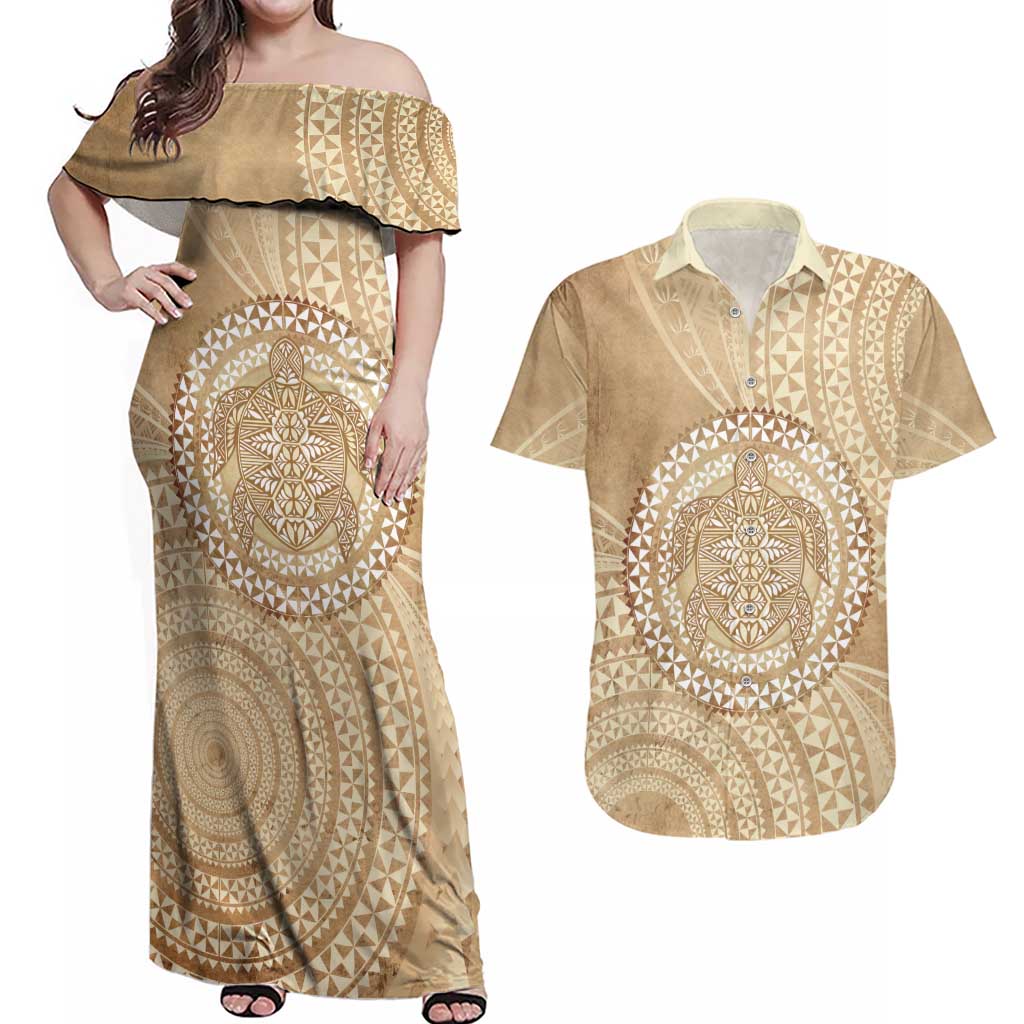 Tonga Ngatu Turtle Couples Matching Off Shoulder Maxi Dress and Hawaiian Shirt Vintage Tongan Tapa Cloth LT14 Brown - Polynesian Pride