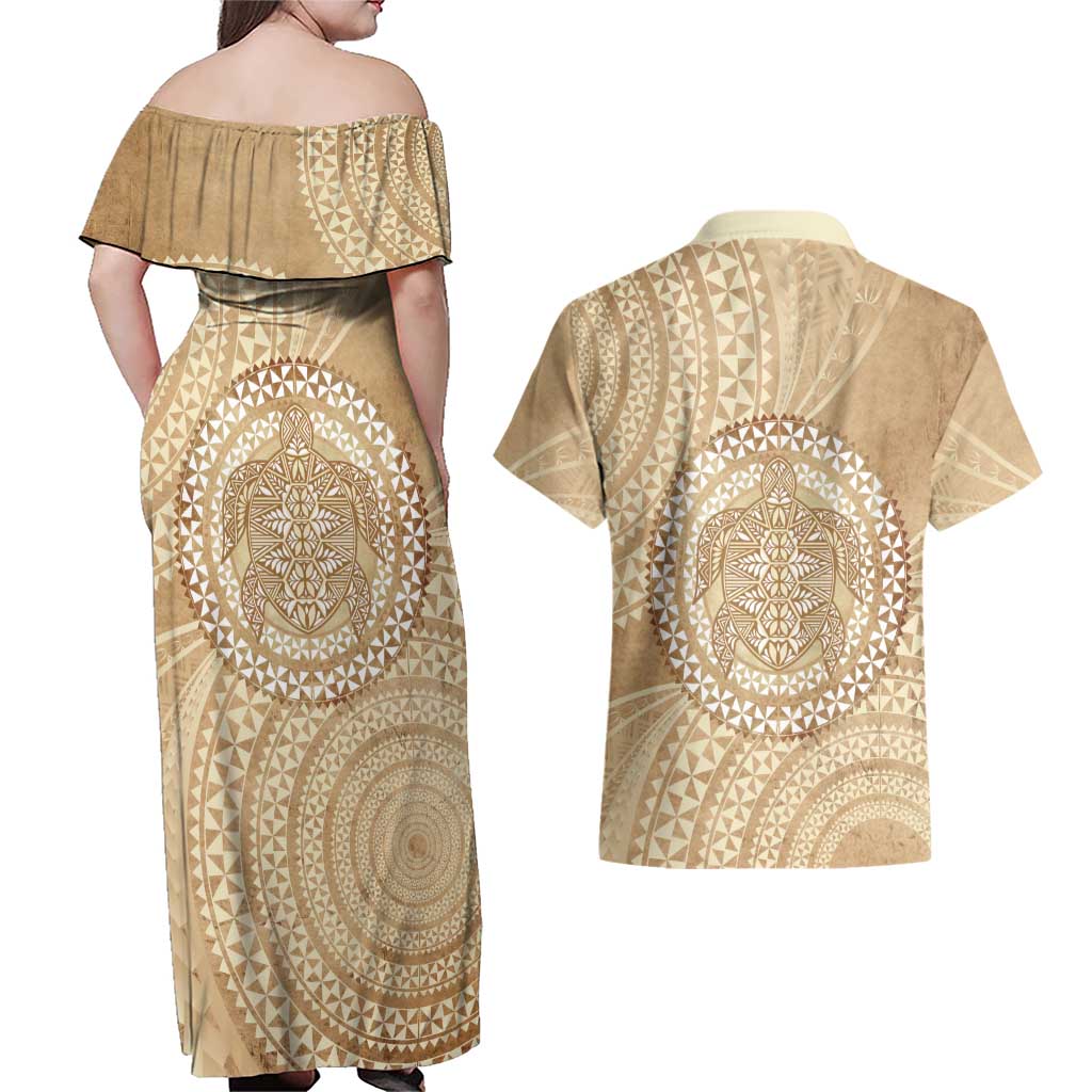 Tonga Ngatu Turtle Couples Matching Off Shoulder Maxi Dress and Hawaiian Shirt Vintage Tongan Tapa Cloth LT14 - Polynesian Pride