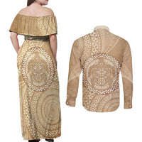 Tonga Ngatu Turtle Couples Matching Off Shoulder Maxi Dress and Long Sleeve Button Shirt Vintage Tongan Tapa Cloth LT14 - Polynesian Pride
