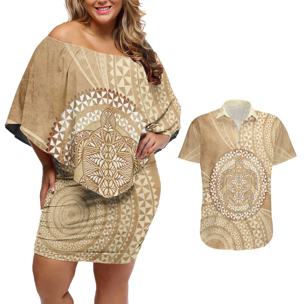 Tonga Ngatu Turtle Couples Matching Off Shoulder Short Dress and Hawaiian Shirt Vintage Tongan Tapa Cloth