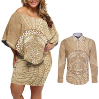 Tonga Ngatu Turtle Couples Matching Off Shoulder Short Dress and Long Sleeve Button Shirt Vintage Tongan Tapa Cloth LT14 Brown - Polynesian Pride