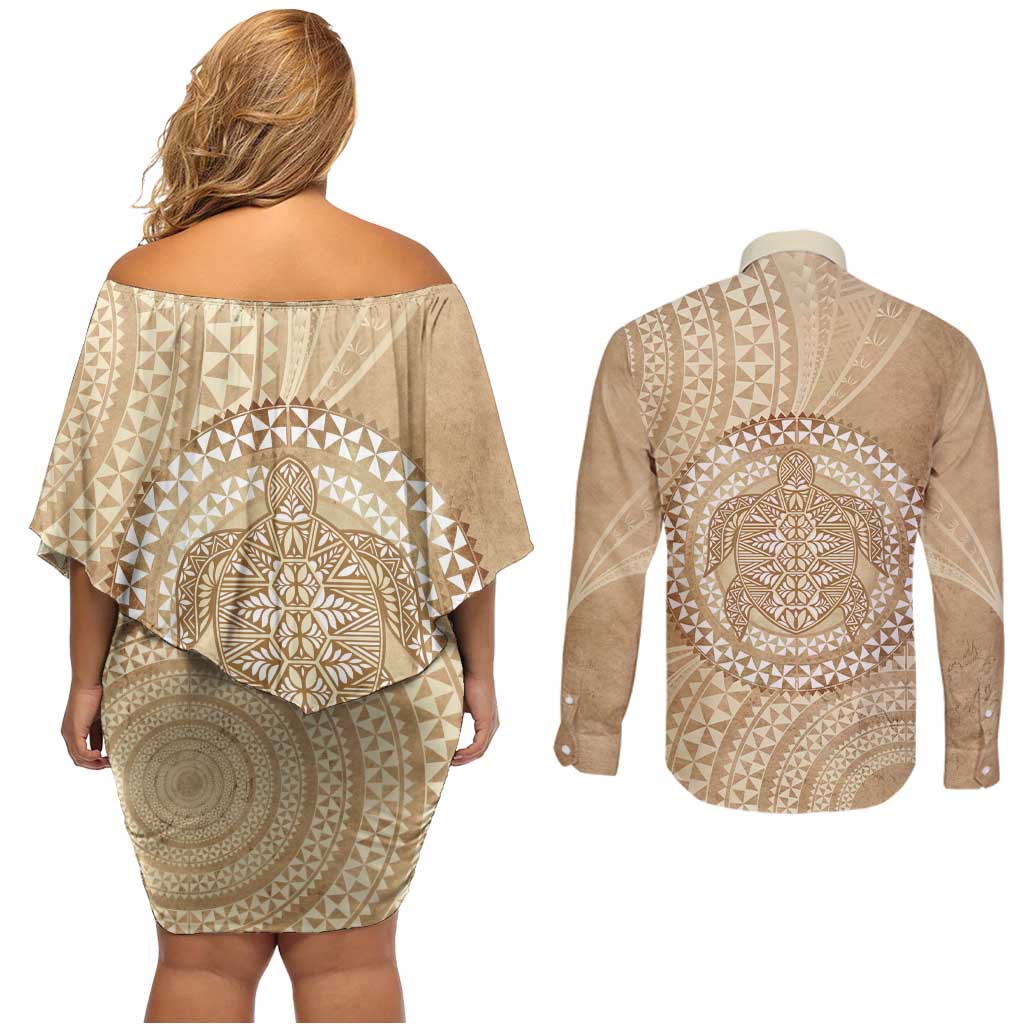 Tonga Ngatu Turtle Couples Matching Off Shoulder Short Dress and Long Sleeve Button Shirt Vintage Tongan Tapa Cloth LT14 - Polynesian Pride