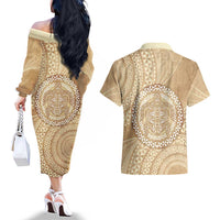 Tonga Ngatu Turtle Couples Matching Off The Shoulder Long Sleeve Dress and Hawaiian Shirt Vintage Tongan Tapa Cloth