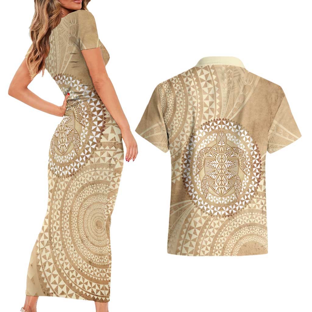 Tonga Ngatu Turtle Couples Matching Short Sleeve Bodycon Dress and Hawaiian Shirt Vintage Tongan Tapa Cloth LT14 - Polynesian Pride