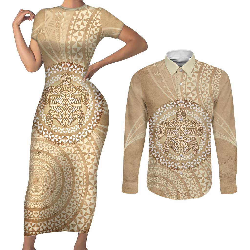 Tonga Ngatu Turtle Couples Matching Short Sleeve Bodycon Dress and Long Sleeve Button Shirt Vintage Tongan Tapa Cloth LT14 Brown - Polynesian Pride
