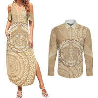 Tonga Ngatu Turtle Couples Matching Summer Maxi Dress and Long Sleeve Button Shirt Vintage Tongan Tapa Cloth LT14 Brown - Polynesian Pride