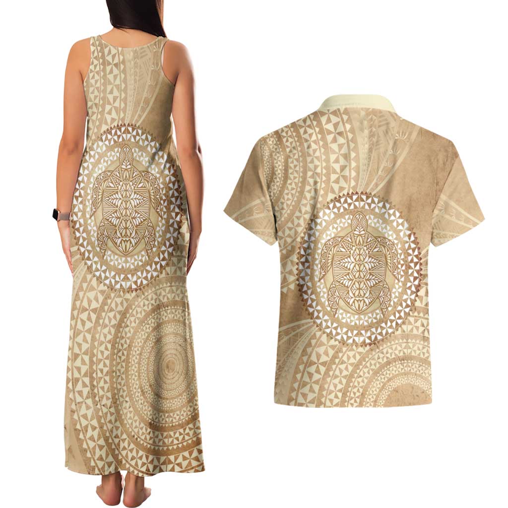 Tonga Ngatu Turtle Couples Matching Tank Maxi Dress and Hawaiian Shirt Vintage Tongan Tapa Cloth LT14 - Polynesian Pride
