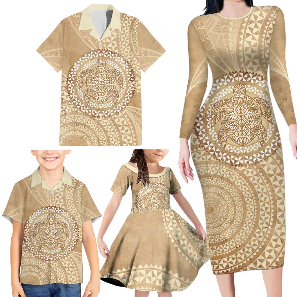 Tonga Ngatu Turtle Family Matching Long Sleeve Bodycon Dress and Hawaiian Shirt Vintage Tongan Tapa Cloth LT14 - Polynesian Pride