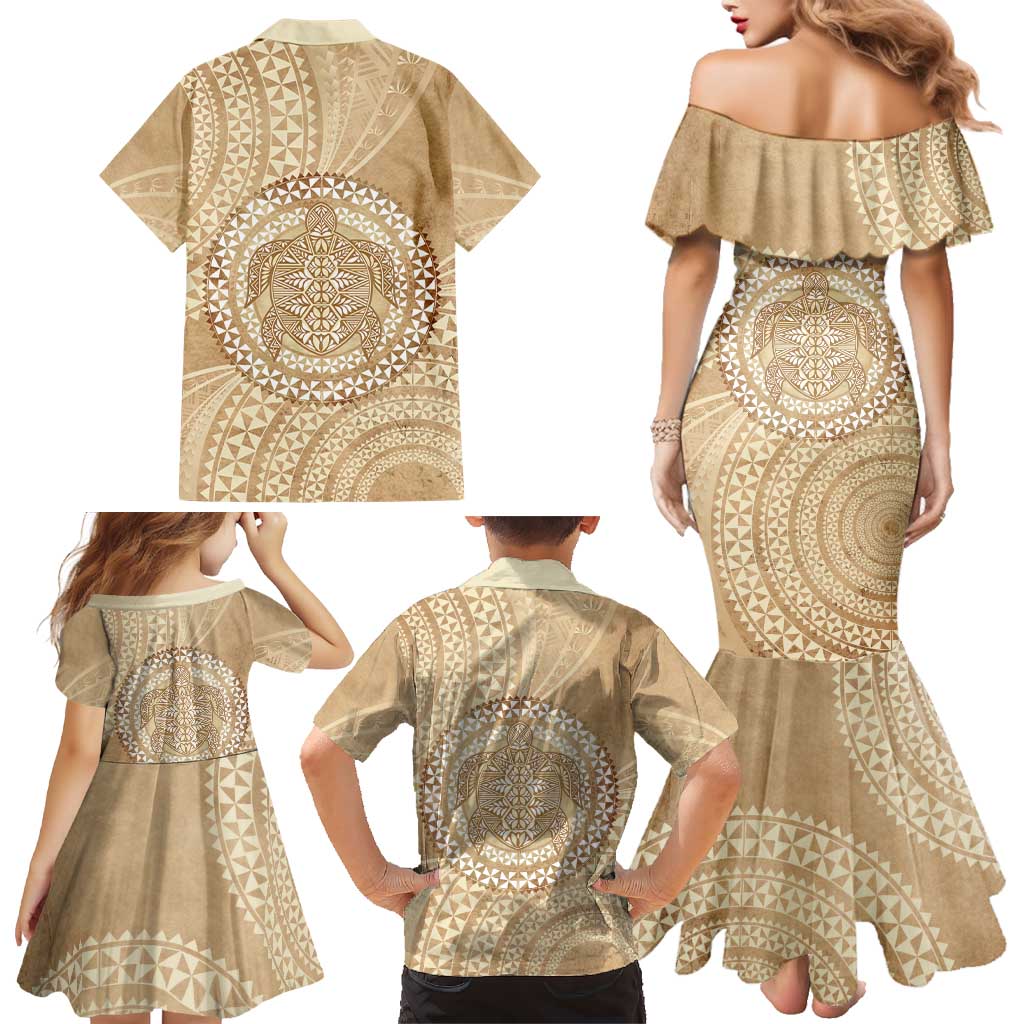 Tonga Ngatu Turtle Family Matching Mermaid Dress and Hawaiian Shirt Vintage Tongan Tapa Cloth LT14 - Polynesian Pride