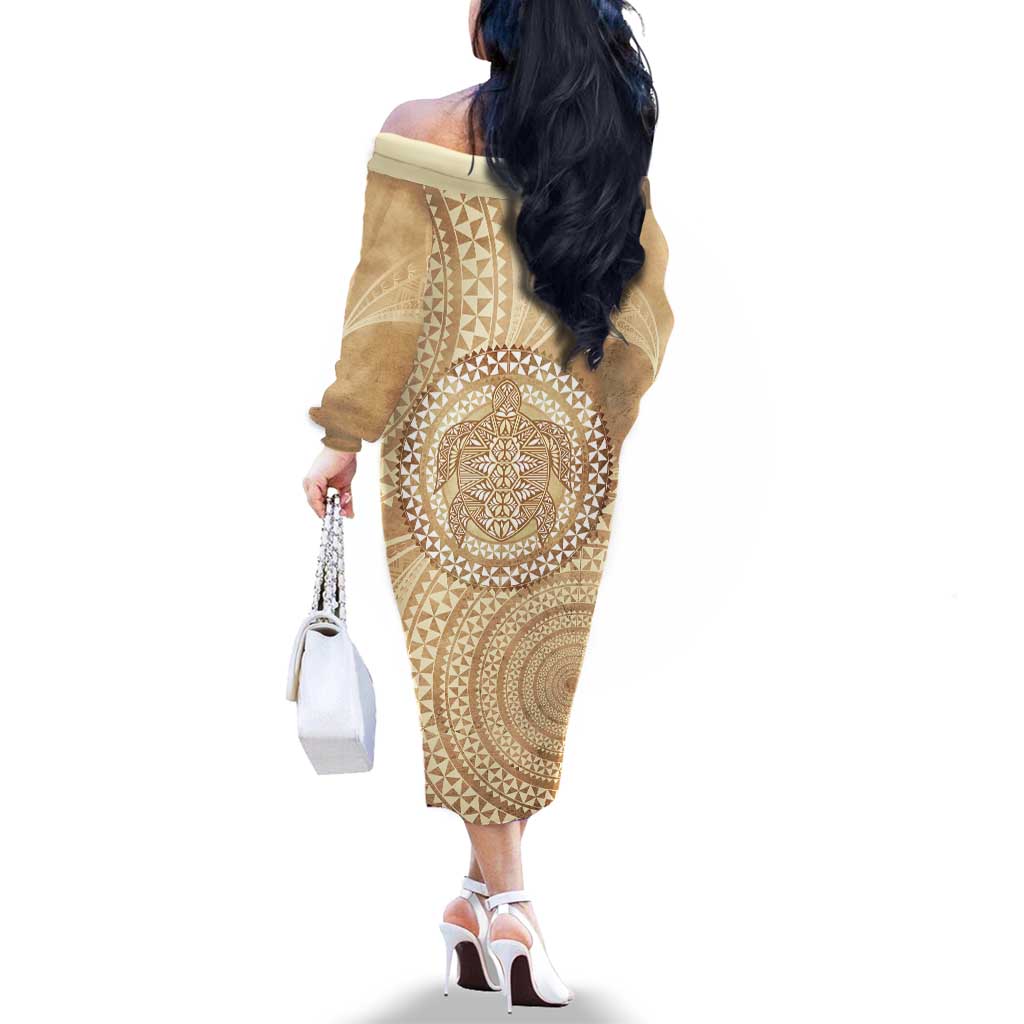 Tonga Ngatu Turtle Family Matching Off The Shoulder Long Sleeve Dress and Hawaiian Shirt Vintage Tongan Tapa Cloth LT14 - Polynesian Pride