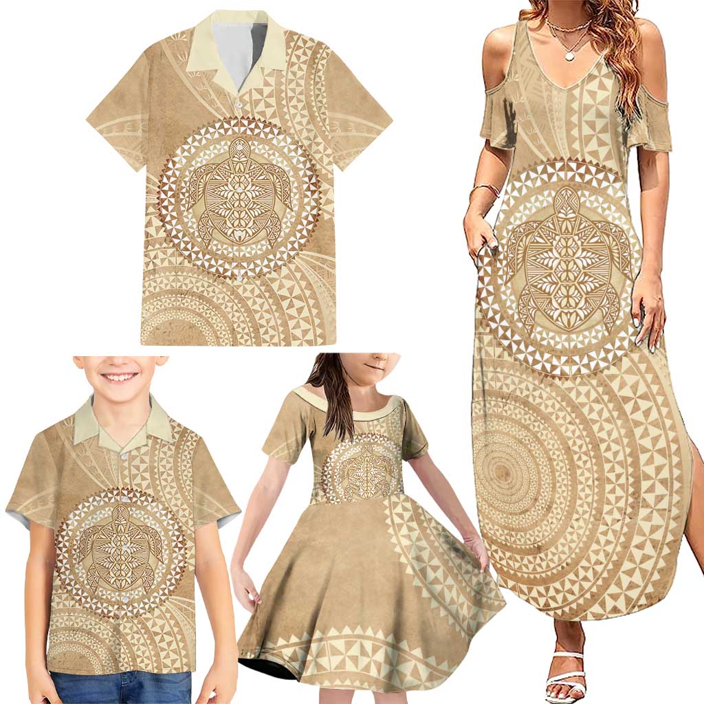 Tonga Ngatu Turtle Family Matching Summer Maxi Dress and Hawaiian Shirt Vintage Tongan Tapa Cloth