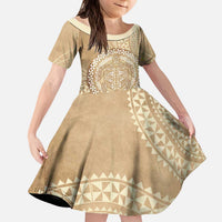 Tonga Ngatu Turtle Kid Short Sleeve Dress Vintage Tongan Tapa Cloth LT14 KID Brown - Polynesian Pride