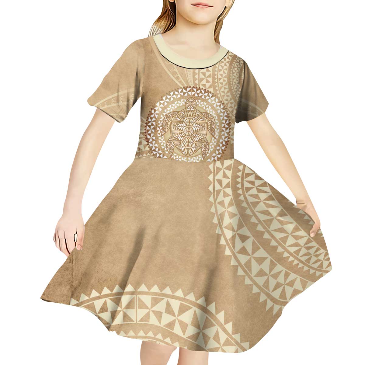 Tonga Ngatu Turtle Kid Short Sleeve Dress Vintage Tongan Tapa Cloth LT14 - Polynesian Pride