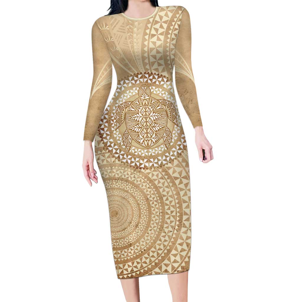 Tonga Ngatu Turtle Long Sleeve Bodycon Dress Vintage Tongan Tapa Cloth