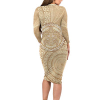 Tonga Ngatu Turtle Long Sleeve Bodycon Dress Vintage Tongan Tapa Cloth