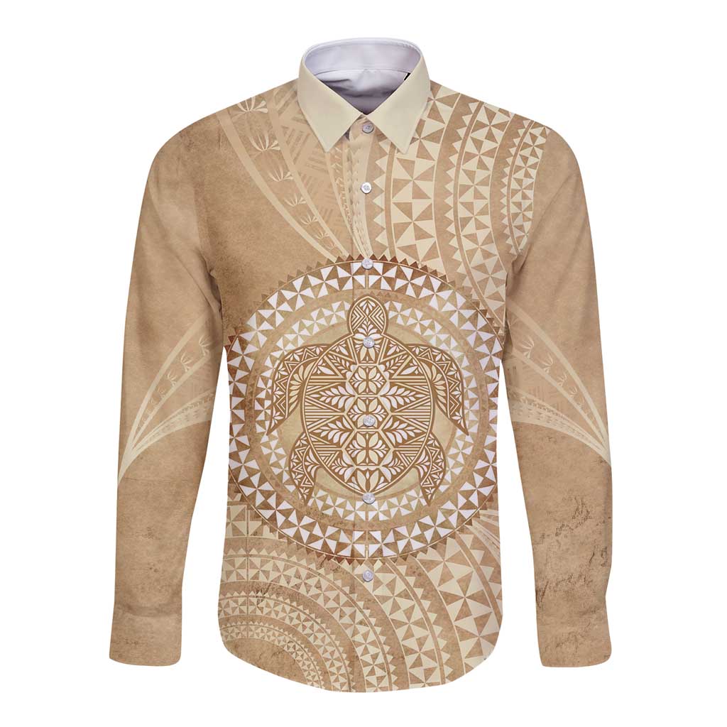 Tonga Ngatu Turtle Long Sleeve Button Shirt Vintage Tongan Tapa Cloth