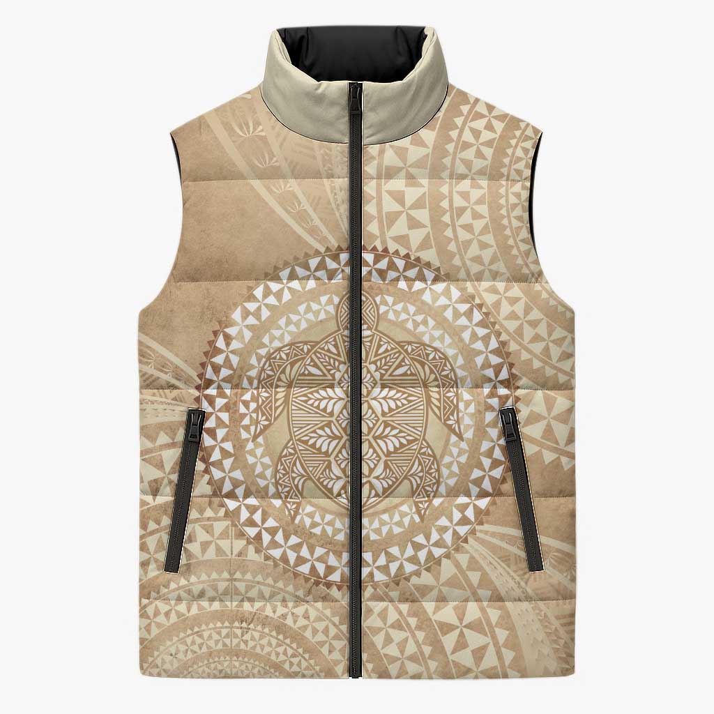 Tonga Ngatu Turtle Sleeveless Puffer Jacket Vintage Tongan Tapa Cloth